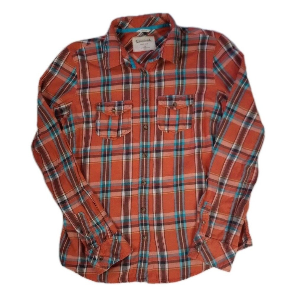 Aeropostale EightySeven Signature OrangePlaid Flannel Top sz L Womens 100%Cotton